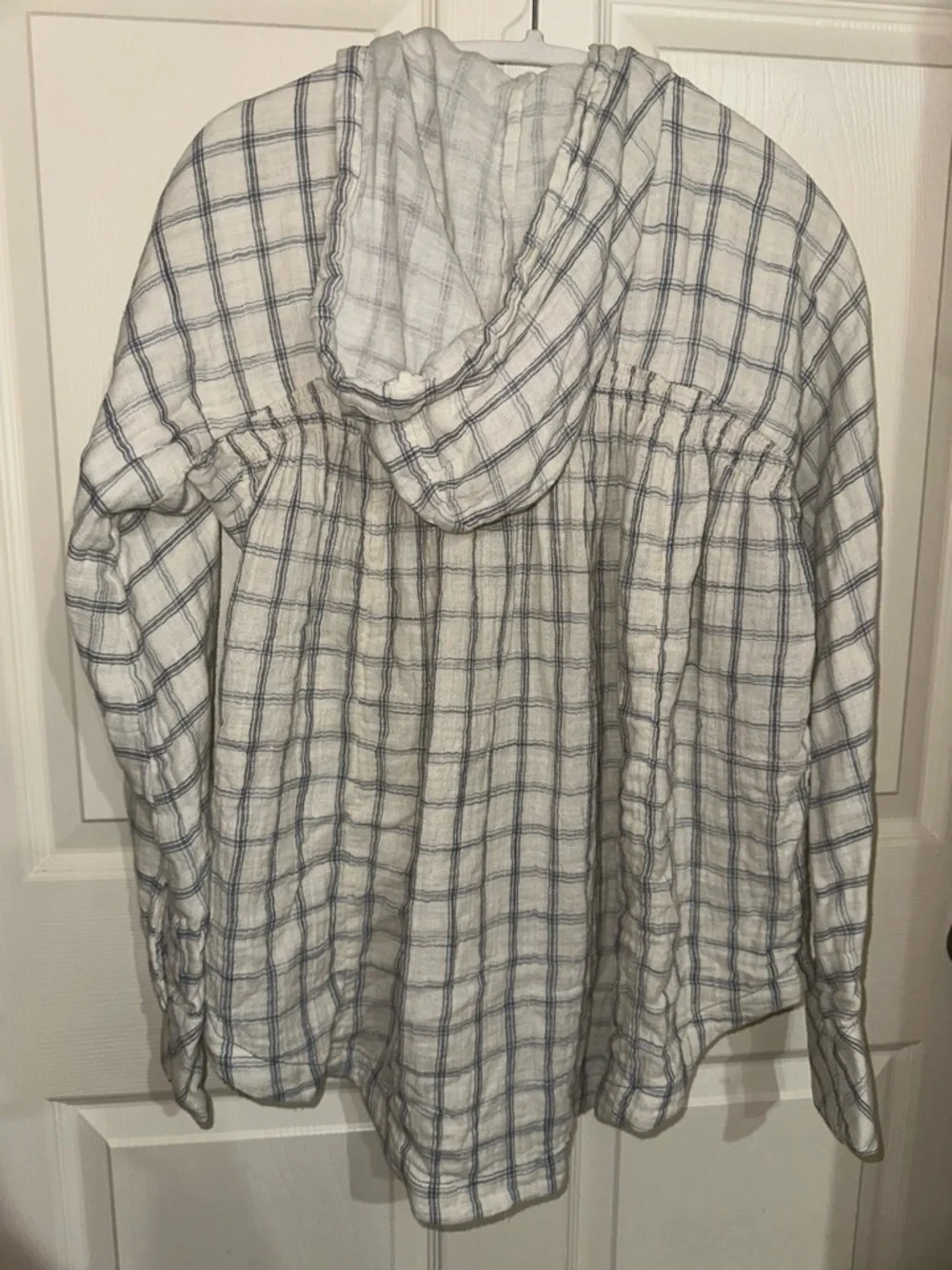Free People Lightweight White and Blue Plaid Hooded Gauzy Cotton Tunic Top S